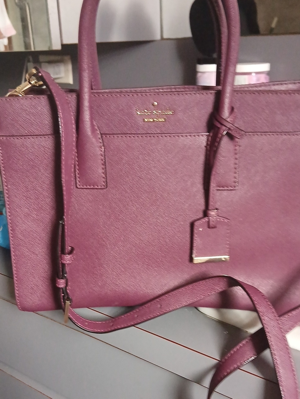 kate spade plum Saffiano Leather Satchel with Gold Accents EUC